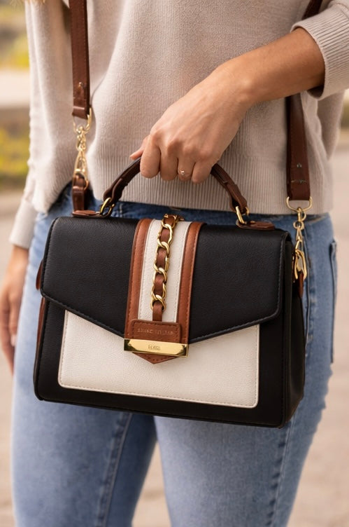 Anne Klein Colorblock Top Handle Satchel with Chain Detail | Pre-Owned