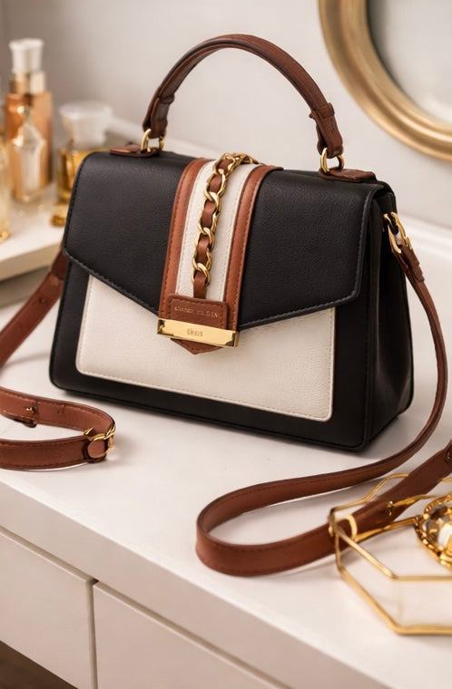 Anne Klein Colorblock Top Handle Satchel with Chain Detail | Pre-Owned